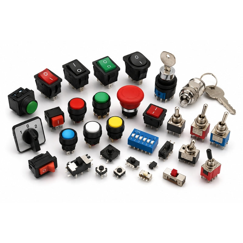 Electronic switches and keys collection with rocker, toggle, push button, tact, slide, and DIP switches on a white background.