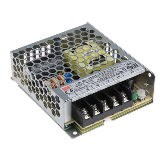 Mean Well LRS-50-12 enclosed switching power supply, 12V 4.2A 50.4W compact AC to DC converter for LED lighting, automation, and industrial electronics
